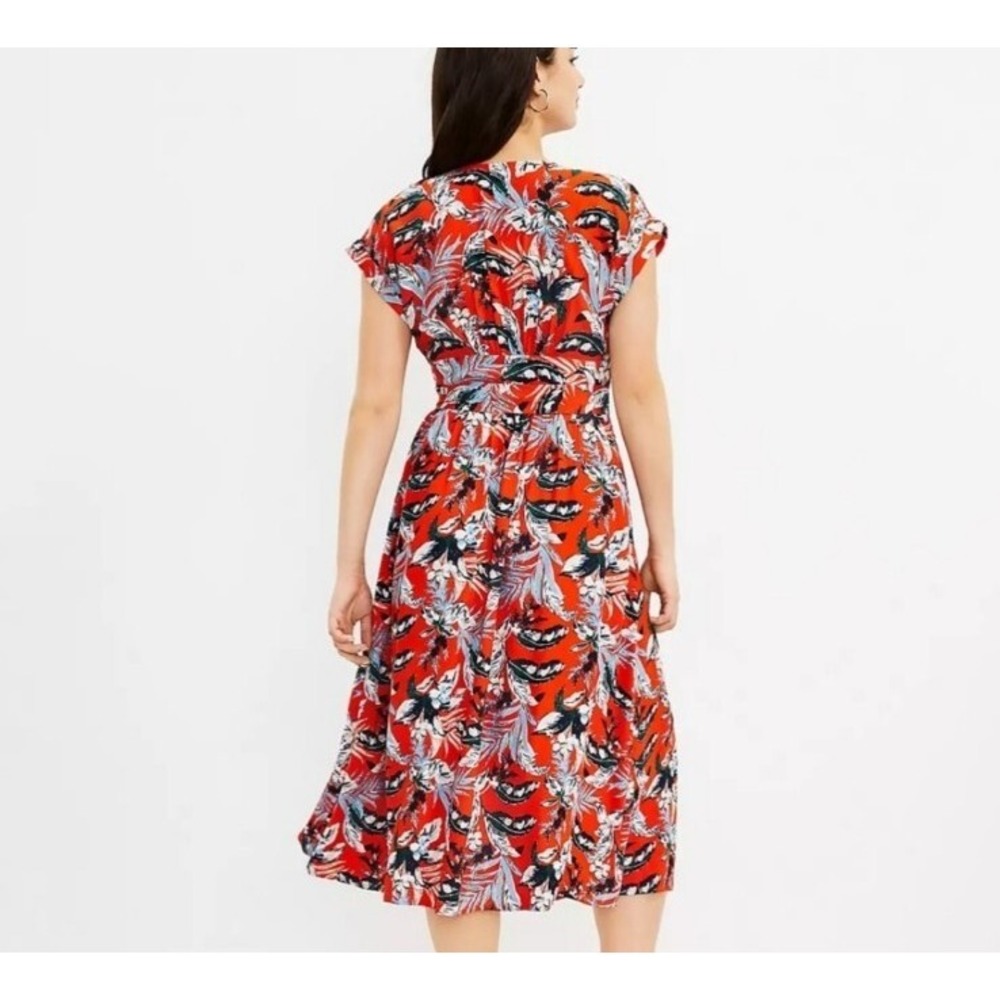 NWT LOFT Midi Dress Red Floral Tropical Fit Flare sz 4 Womens Cruise Beach - Picture 2 of 11